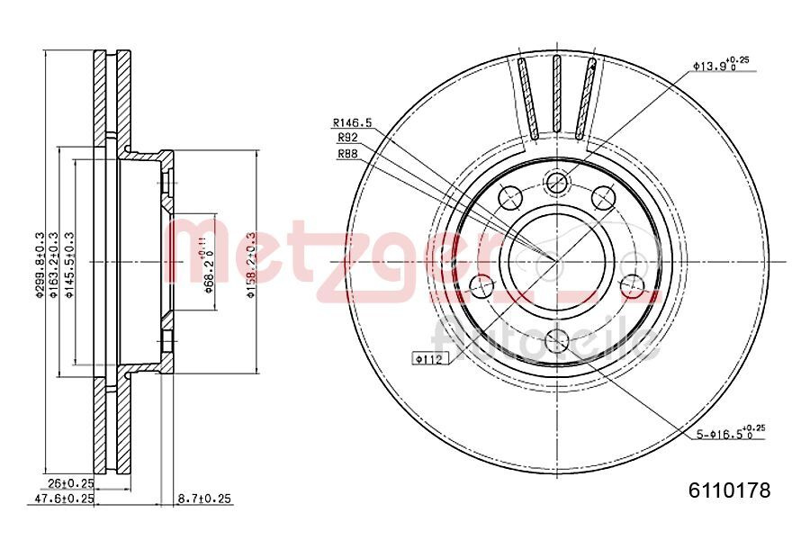 Disc frana 6110178 METZGER pentru Vw Eurovan Vw Transporter Vw Sharan Seat Alhambra Ford Galaxy