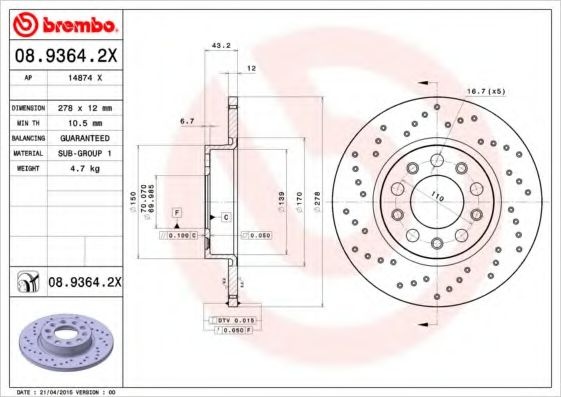 Disc frana ALFA ROMEO BRERA (939) (2006 - 2010) BREMBO 08.9364.2X piesa NOUA