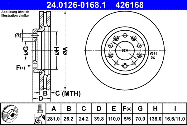 Disc frana ATE 24.0126-0168.1 se potriveste la JEEP RENEGADE SUV (BU, B1, BV) 2014 2015 2016 2017 2018 2019 2020 2021 2022 2023 2024 2025