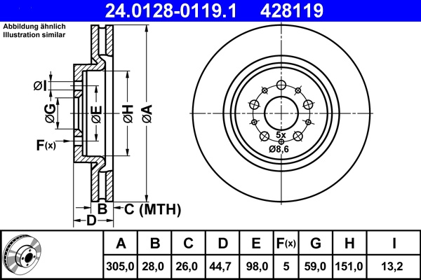 Disc frana ATE 24.0128-0119.1 pentru ALFA ROMEO SPIDER (916_) 1994-2005