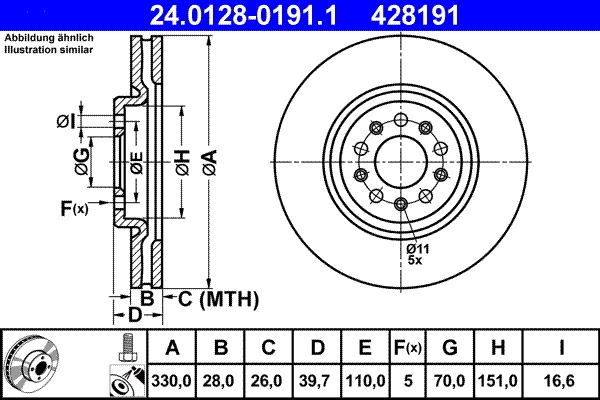 Disc frana ATE ALFA ROMEO GIULIETTA Caseta/ Hatchback (940_) 2011-2020 - 24.0128-0191.1