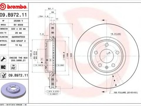 Disc frana AUDI A4 Avant (8K5, B8) (2007 - 2015) BREMBO 09.B972.11 piesa NOUA