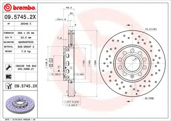 Disc frana AUDI A6 (4B2, C5) (1997 - 2005) BREMBO 09.5745.2X piesa NOUA