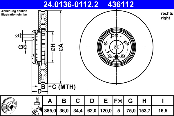 Disc frana Axa fata dreapta (24.0136-0112.2 24013601122 ATE) BMW X5|X6