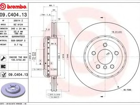 Disc frana BMW 7 limuzina (F01, F02, F03, F04), BMW 5 Gran Turismo (F07), BMW 5 (F10, F18) - BREMBO 09.C404.13