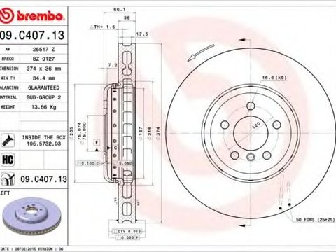 Disc frana BMW Seria 5 (F10, F18) (2009 - 2016) BREMBO 09.C407.13 piesa NOUA