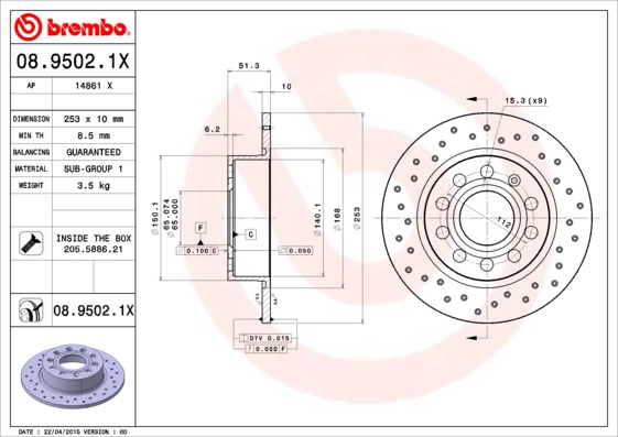 Disc frana BREMBO 08.9502.1X se potriveste la VW EOS (1F7, 1F8) 2006 2007 2008 2009 2010 2011 2012 2013 2014 2015
