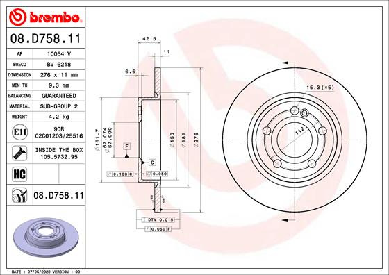 Disc frana BREMBO 08.D758.11 la masina MERCEDES-BENZ A-CLASS (W177) 2018 2019 2020 2021 2022 2023 2024 2025