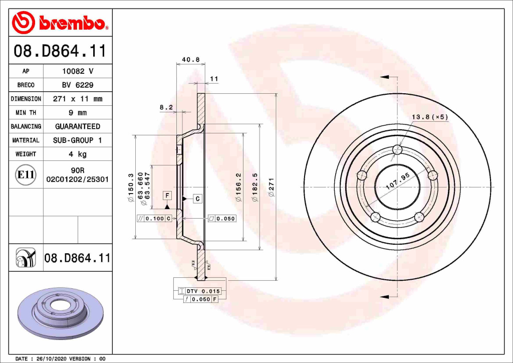 Disc frana BREMBO 08.D864.11 pentru FORD (CHANGAN) FOCUS hatchback 2018 2019 2020 2021 2022 2023 2024