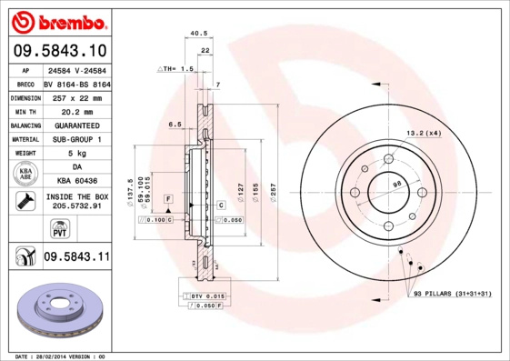 Disc frana BREMBO 09.5843.11 la masina FIAT 500 C (312_) 2009 2010 2011 2012 2013 2014 2015 2016 2017 2018 2019 2020 2021 2022 2023 2024 2025