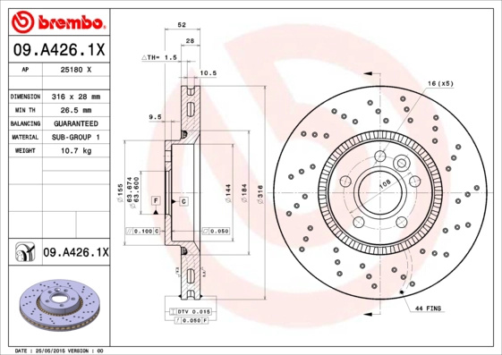 Disc frana BREMBO 09.A426.1X model VOLVO V60 I (155) 2010 2011 2012 2013 2014 2015 2016 2017 2018
