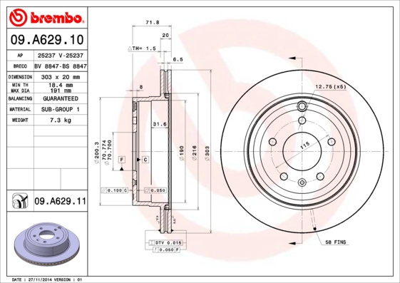 Disc frana BREMBO 09.A629.11 la CHEVROLET CAPTIVA (C100, C140) 2006 2007 2008 2009 2010 2011 2012 2013 2014 2015 2016 2017 2018 2019
