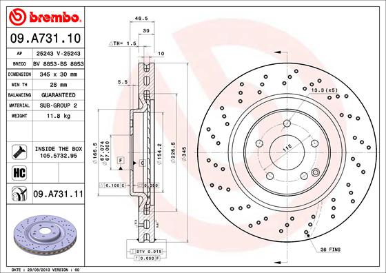 Disc frana BREMBO 09.A731.11 pentru MERCEDES-BENZ C-CLASS T-Model (S203) 2001 2002 2003 2004 2005 2006 2007