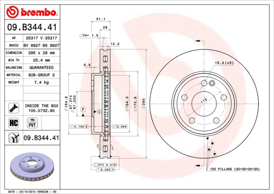Disc frana BREMBO 09.B344.41 pentru MERCEDES-BENZ GLA-CLASS (X156) 2013 2014 2015 2016 2017 2018 2019