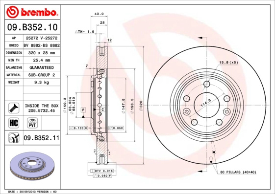 Disc frana BREMBO 09.B352.11 la RENAULT ESPACE V (JR_) 2015 2016 2017 2018 2019 2020 2021 2022 2023
