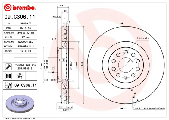 Disc frana BREMBO 09.C306.11 se potriveste la AUDI TT (FV3, FVP) 2014 2015 2016 2017 2018 2019 2020 2021 2022 2023 2024 2025