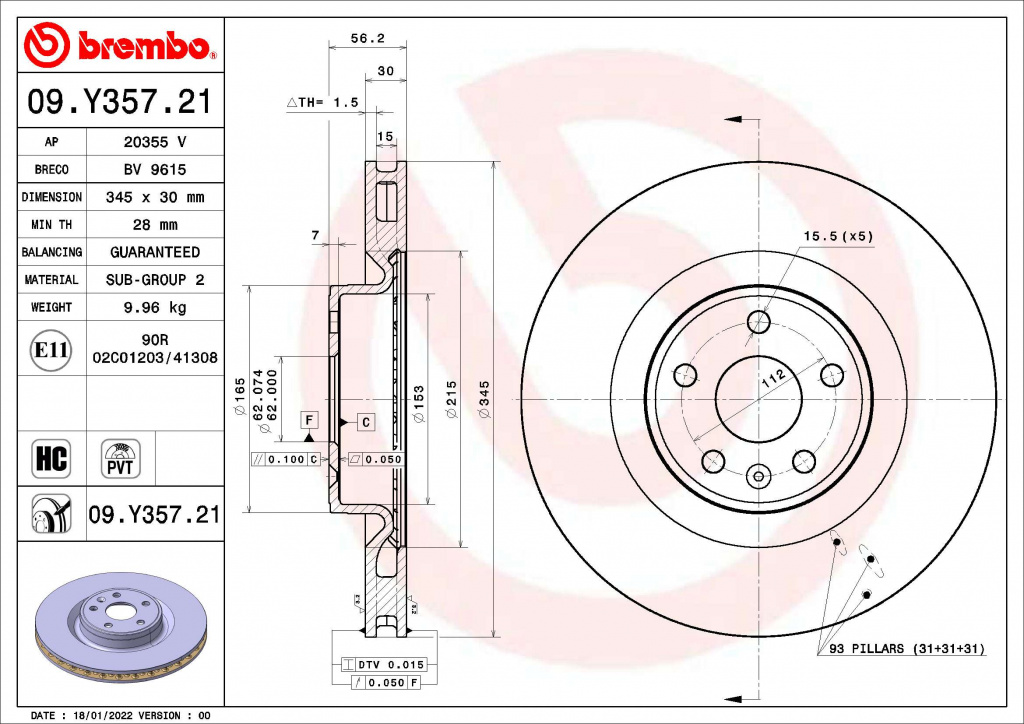 Disc frana BREMBO 09.Y357.21 model XPENG P7 2020 2021 2022 2023 2024 2025