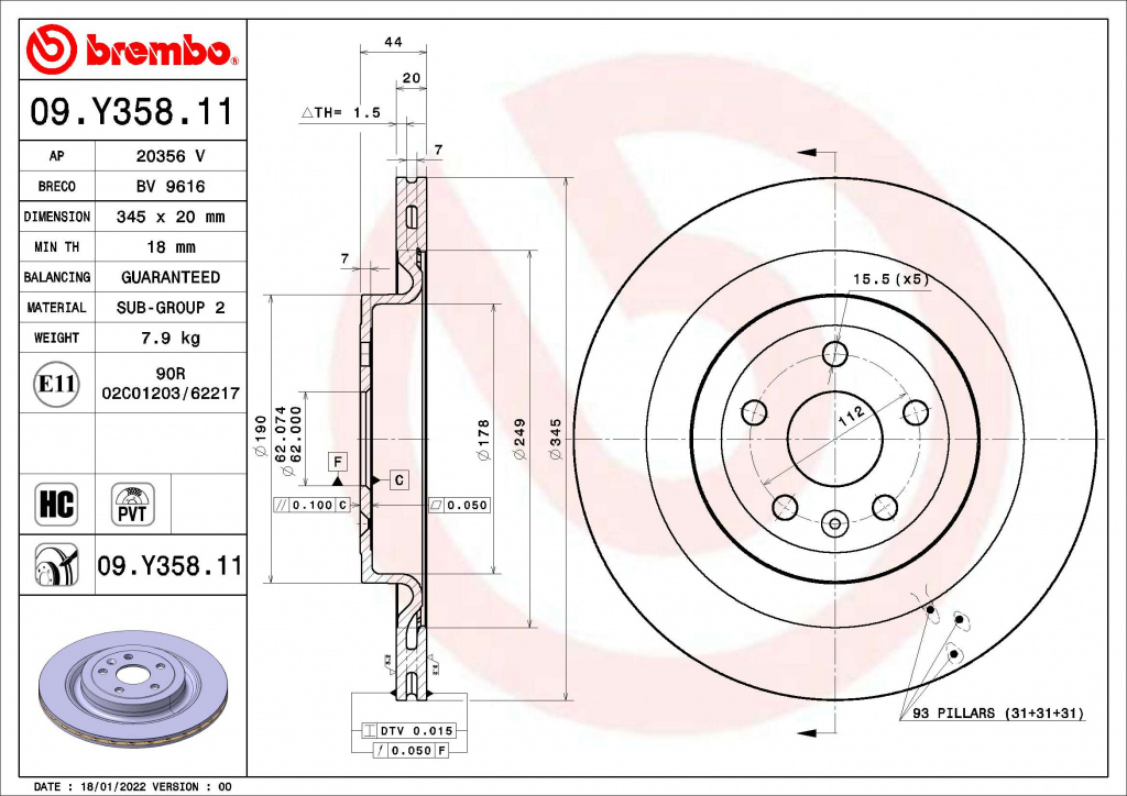 Disc frana BREMBO 09.Y358.11 compatibil cu XPENG P7 2020 2021 2022 2023 2024 2025