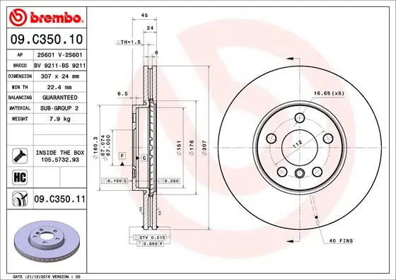 Disc frana Brembo BMW (BRILLIANCE) 2 SERIES Active Tourer (F45) 2016-2021 - 09.C350.11