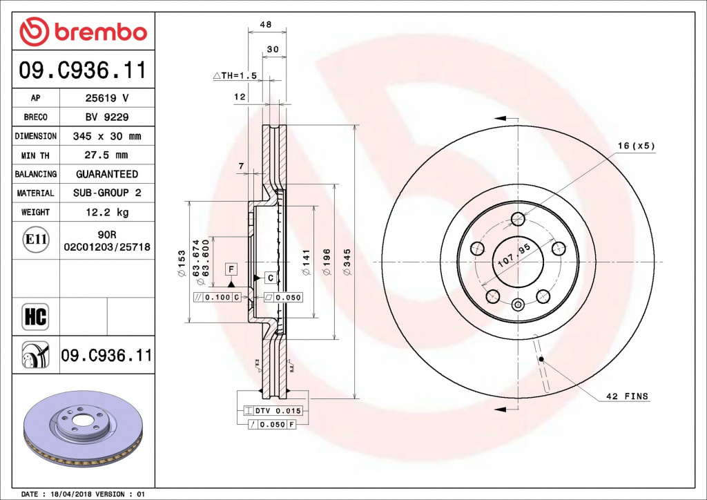 Disc frana Brembo VOLVO S90 II (234) 2016-2025 - 09.C936.11