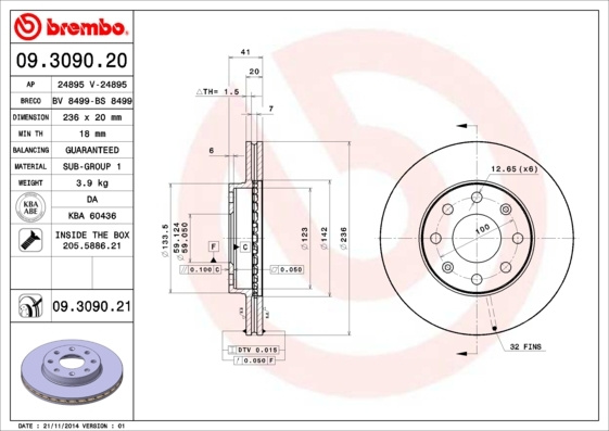 Disc frana # Chevrolet Aveo 2008 2009 2010 2011 2012 2013 2014 2015 2016 2017 2018 2019 2020 2021 2022 2023 2024 2025 # 09 3090 20 # BREMBO