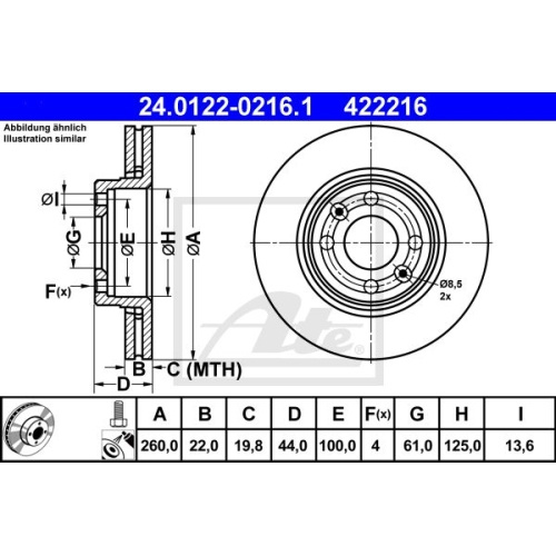 Disc frana Dacia Logan Express, 03.2009-, Sandero, Nissan Micra, Note, Clio 3, Renault Megane, Modus, ATE