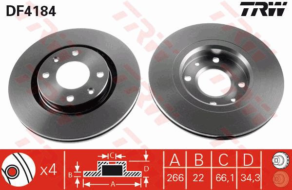 Disc frana DF4184 TRW pentru CitroEn C4 CitroEn Ds3 CitroEn Berlingo CitroEn Ds4 CitroEn C3 Peugeot Partner Peugeot Ranch Peugeot Grand Peugeot 208 CitroEn Xsara Peugeot 207 Peugeot 206 Peugeot 307 CitroEn C5 CitroEn C2