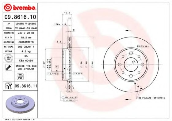 Disc frana FIAT 500 C (312) (2009 - 2016) BREMBO 09.8616.11 piesa NOUA