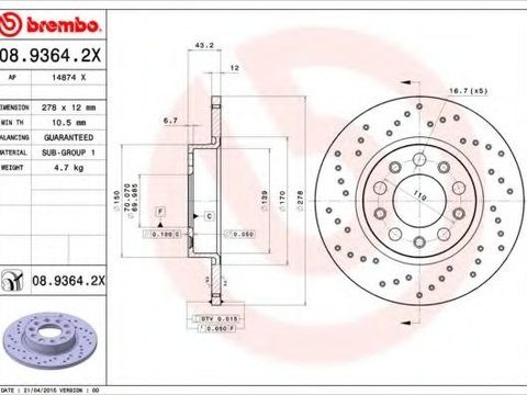 Disc frana FIAT 500X (334) (2014 - 2016) BREMBO 08.9364.2X piesa NOUA