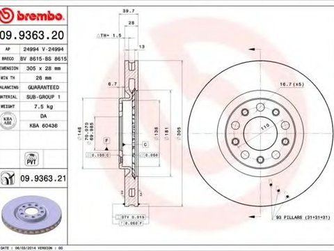 Disc frana FIAT 500X (334) (2014 - 2016) BREMBO 09.9363.21 piesa NOUA