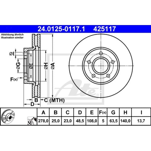 Disc frana Ford C-Max, 02.2007-09.2010, Focus 2 2004-2012, Volvo C30, C70, S40, V50, 12.2003-12.2012, ATE