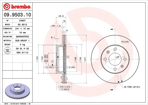 Disc frana # Hyundai I10 2011 2012 2013 # 09 9503 10 # BREMBO