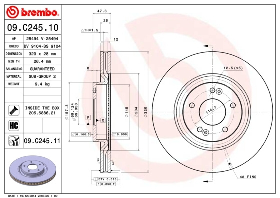 Disc frana # Hyundai Ix35 2014 2015 2016 2017 2018 2019 2020 2021 2022 2023 2024 2025 # 09 C245 11 # BREMBO