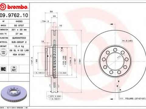 Disc frana IVECO DAILY V platou / sasiu (2011 - 2014) BREMBO 09.9762.10