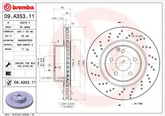 Disc frana MERCEDES S-CLASS Cupe (C215) (1999 - 2006) BREMBO 09.A353.11 piesa NOUA