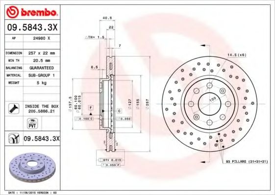 Disc frana OPEL ADAM (2012 - 2016) BREMBO 09.5843.3X piesa NOUA