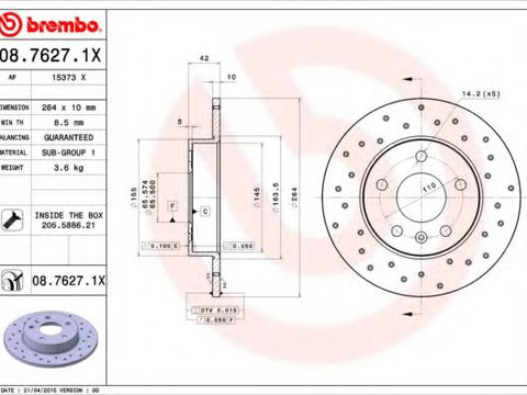 Disc frana OPEL COMBO Tour (2001 - 2016) BREMBO 08.7627.1X