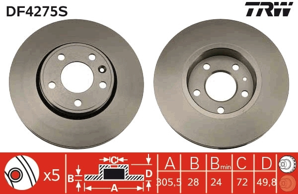 Disc frana # Opel Vivaro 2001 2002 2003 2004 2005 2006 2007 2008 2009 2010 2011 2012 2013 2014 2015 2016 2017 2018 2019 2020 2021 2022 2023 2024 2025 # DF4275S # TRW