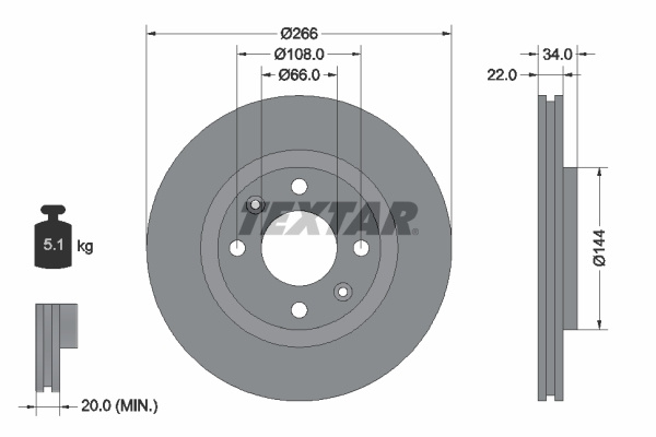 Disc frana ~ Peugeot 1007 2005 2006 2007 2008 2009 2010 2011 2012 2013 2014 2015 2016 2017 2018 2019 2020 2021 2022 2023 2024 ~ 92111503 ~ TEXTAR