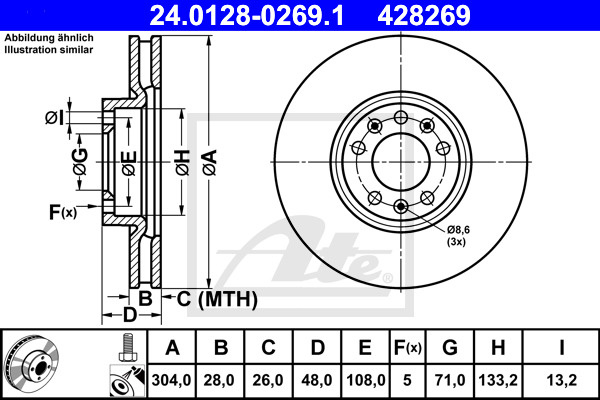 Disc frana ~ Peugeot 407 2009 2010 2011 2012 2013 2014 2015 2016 2017 2018 2019 2020 2021 2022 2023 2024 ~ 24.0128-0269.1 ~ ATE