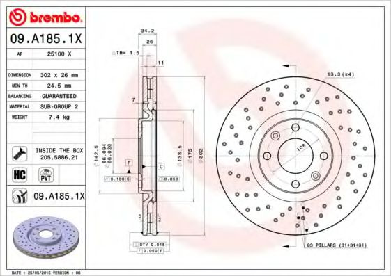 Disc frana PEUGEOT 5008 (2009 - 2016) BREMBO 09.A185.1X piesa NOUA