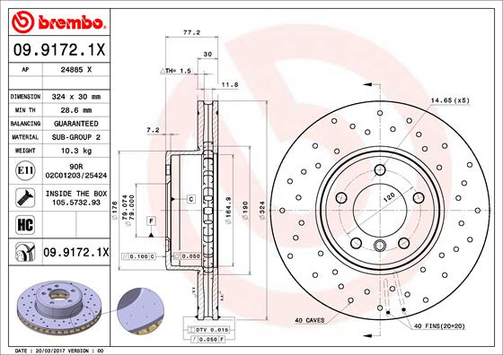 Disc frana punte fata (09.9172.1X 0991721X BREMBO) BMW,BMW (BRILLIANCE) 5|5 SERIES|6