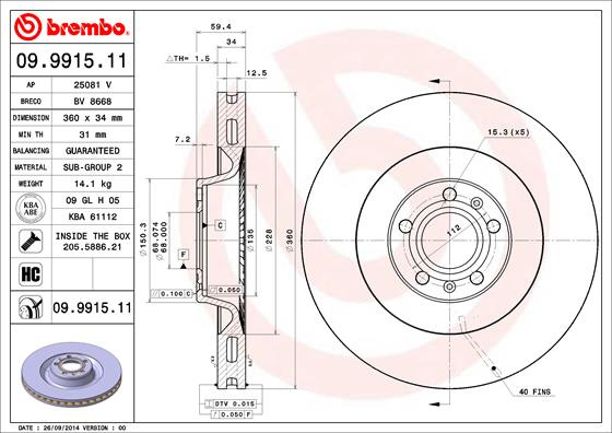 Disc frana punte fata (09.9915.11 09991511 BREMBO) AUDI,VW A6|A6, A6 / S6|A8, A8 / S8|A8, A8 / S8, A8L|PHAETON