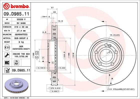 Disc frana punte fata (09D98511 BREMBO) MERCEDES-BENZ,MERCEDES-BENZ (BBDC)