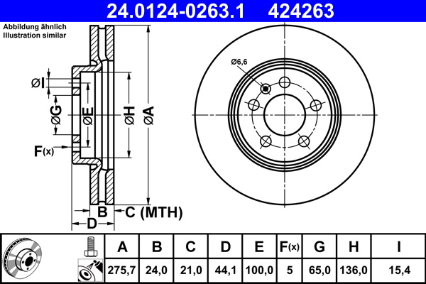 Disc frana punte fata (24.0124-0263.1 24012402631 ATE) AUDI,SEAT,SKODA,VW A1|A1 Allstreet|A1, A1 CITY CARVER|ARONA|FABIA|IBIZA|KAMIQ|POLO|SCALA|T-CROSS|TAIGO