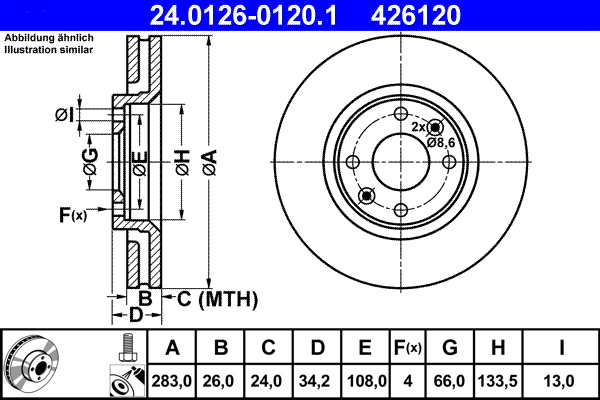 Disc frana punte fata (24.0126-0120.1 24012601201 ATE) CITRO�N,DS,OPEL,PEUGEOT,VAUXHALL 1007|2008|206|207|207 CC|207 SW|207, 207 PASSION|207, 207/207+|208|3008|307|307 SW|308|308 CC|308 SW|5008|AIRCRO