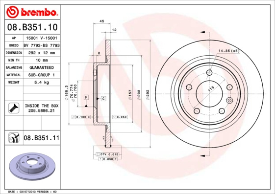 Disc frana puntea spate (08.B351.11 08B35111 BREMBO) BUICK (SGM),CHEVROLET,CHEVROLET (SGM),MERCEDES-BENZ,OPEL,VAUXHALL AMPERA|ASTRA|ASTRA, ASTRA J|CASCADA|CRUZE|EXCELLE GT|EXCELLE XT|HPN (LongNose)|OR