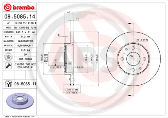 Disc frana puntea spate (08508511 ABS) ABARTH,ALFA ROMEO,FIAT,FORD,LANCIA,YUGO,ZASTAVA