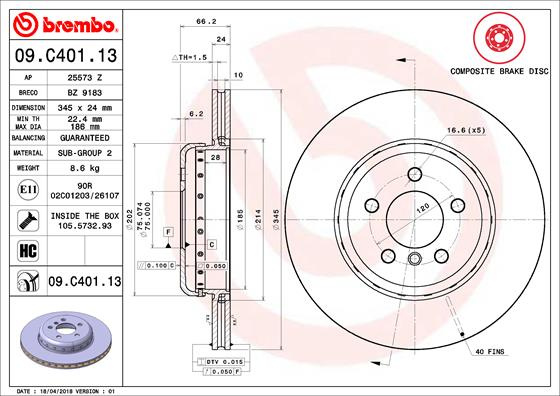 Disc frana puntea spate (09.C401.13 09C40113 BREMBO) BMW,BMW (BRILLIANCE) 3|3 SERIES|4