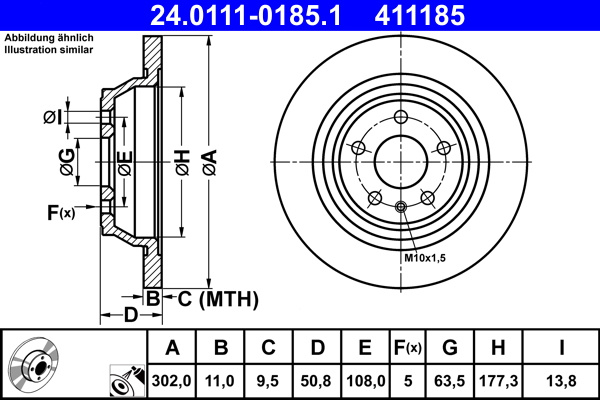 Disc frana puntea spate (24.0111-0185.1 24011101851 ATE) FORD FUSION, MONDEO|MONDEO